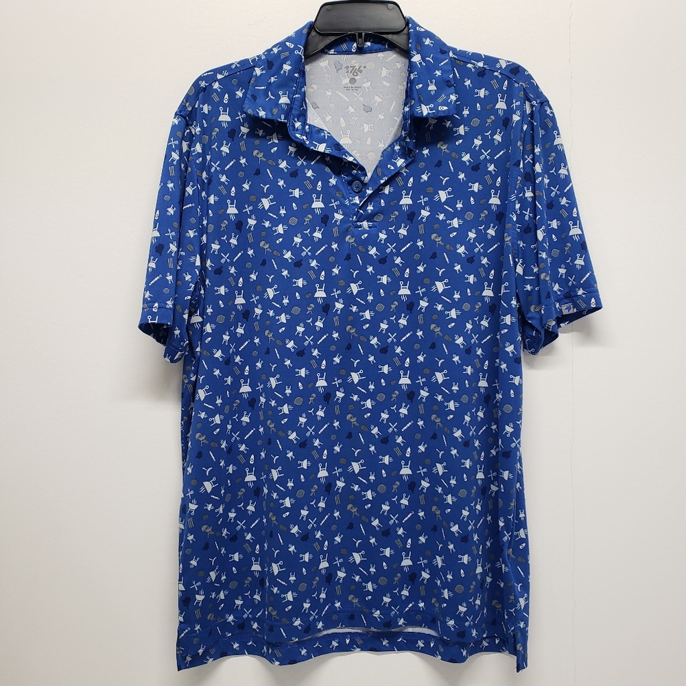 1764 BBQ Grill Print Golf Polo Shirt Medium Blue Performance Preppy Outdoor Wear